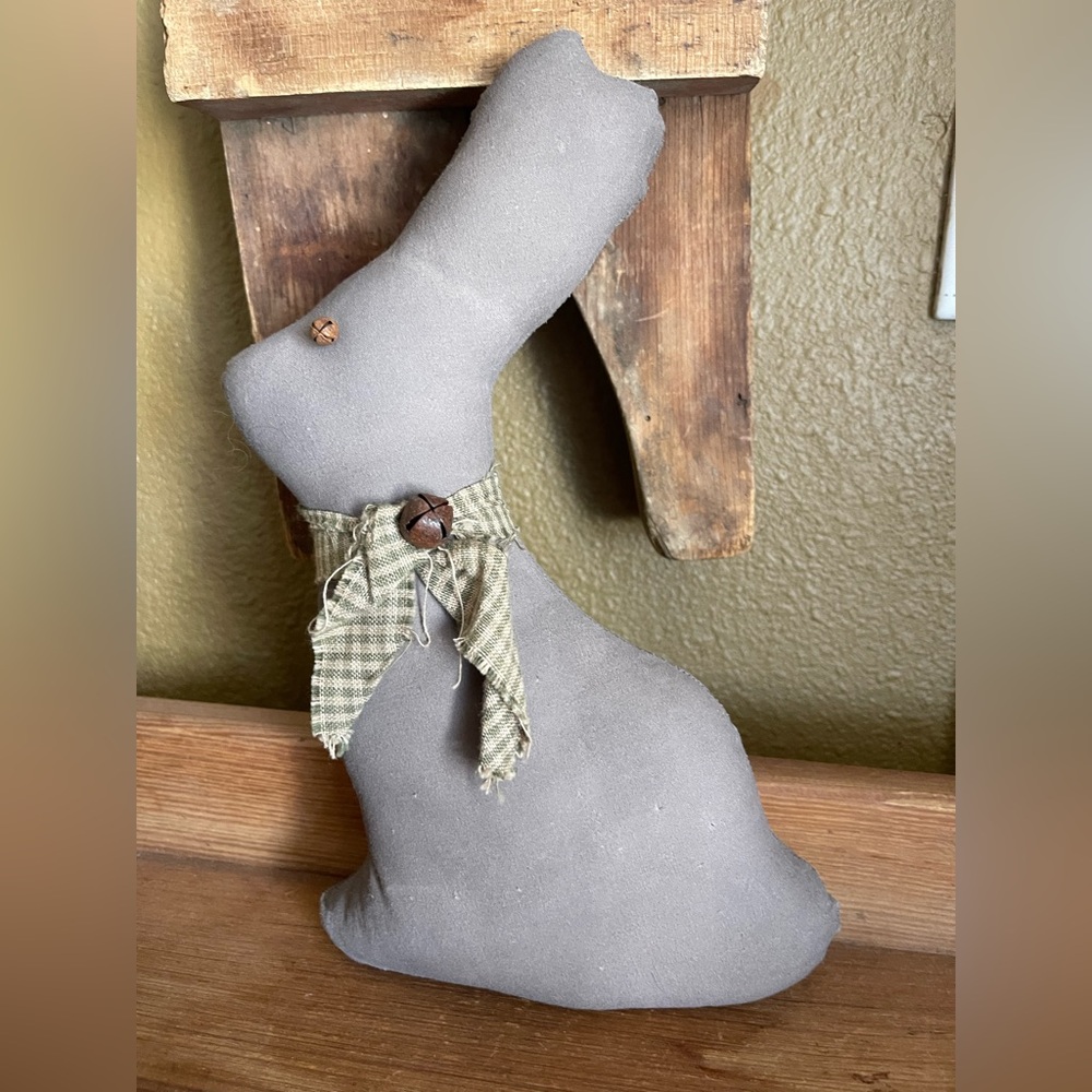 Handmade Primitive Gray Fabric Rabbit with Plaid Bow